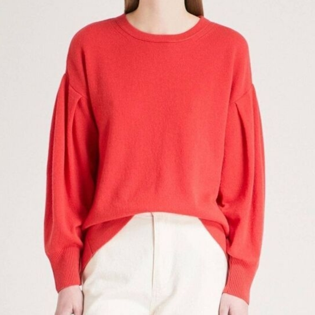 Vince Cashmere Crewneck Sweater In Poppy, Pleated Balloon Sleeves, Oversized
